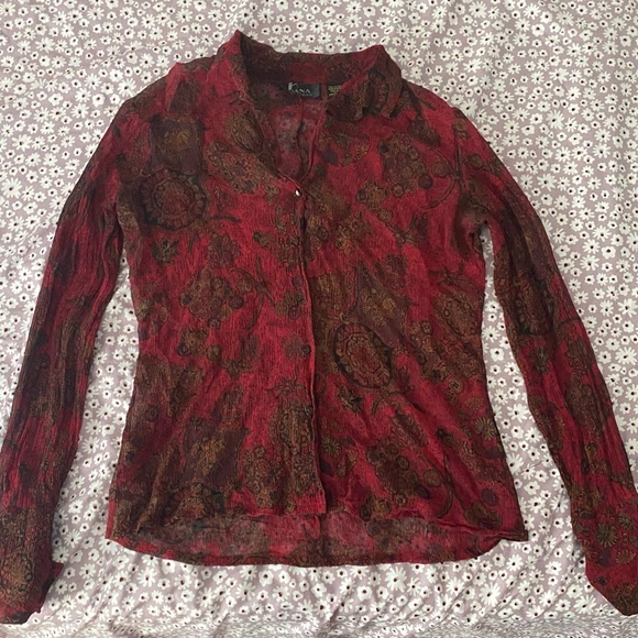Sheer Red Paisley Button Down - Picture 3 of 5